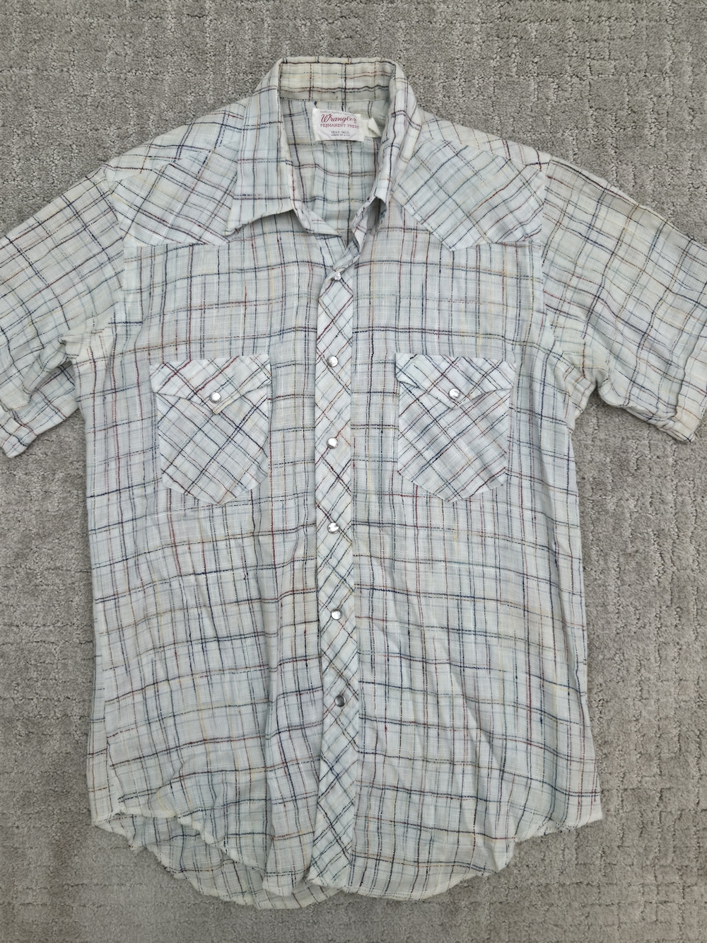 Vintage 70's Wrangler Western Shirt Mens Size L Short Sleeve Plaid Pearl Snap